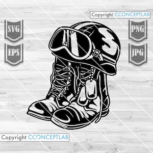 May include: Black and white illustration of a pair of military boots with a helmet and goggles on top. The boots have laces and a dog tag hanging from one of them. The helmet has a strap and a visor. The goggles have a strap and a lens. The illustration is on a white background.
