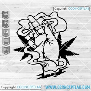 May include: A monochrome graphic depicting a hand holding a lit object, with smoke billowing upwards. A cannabis leaf is positioned behind the hand. The image includes the text "Copyright CCONCEPTLAB" and "WWW.CCONCEPTLAB.COM".