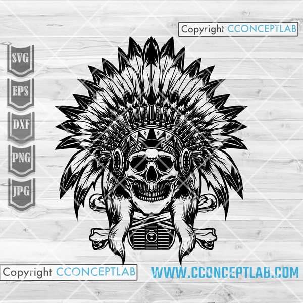 Indian Native American Skull svg | Ancient Tribe Clipart | India Girl Stencil | Boho America Shirt png | Tribal Feathers Headdress Cutfile