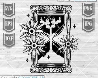 Hour Glass svg | Time to Die Clipart | Death Timer Stencil | Floral Hour Glass Cut File | Halloween dxf | Vintage Sand Timer T-shirt png jpg