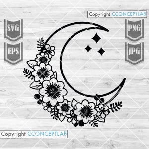 May include: Black and white silhouette of a crescent moon with floral details around the outside. Three small stars are inside the moon.