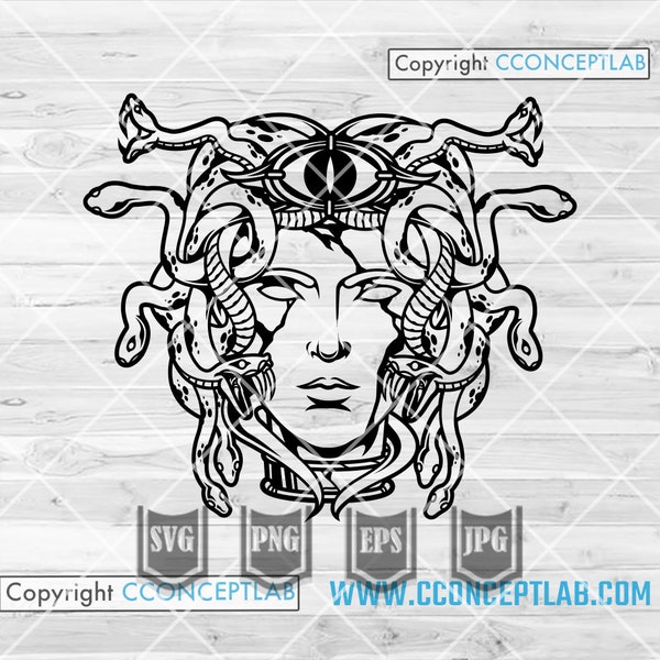 Medusa svg | Snake Head Woman Clipart | Lady Serpent Cut File | Stone Eye Contact Stencil | Greek Mythology God Cutfile | Halloween T-shirt