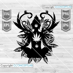 May include: Black and white silhouette of a person meditating in a lotus position surrounded by cannabis leaves. The person has a leaf in their chest and a leaf on their head. The image is a digital illustration.