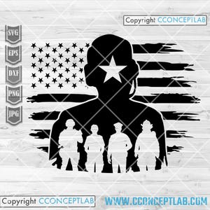 May include: Black and white silhouette of a person with a star on their chest, standing in front of a distressed American flag. Four smaller silhouettes of people are standing in front of the larger silhouette. The text "Copyright CONCEPTLAB" is at the top of the image.