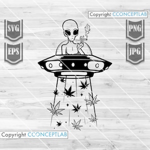 Peut inclure: Illustration en noir et blanc d'un extraterrestre fumant un joint assis dans une soucoupe volante. La soucoupe émet des feuilles de marijuana.
