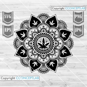 May include: Black and white mandala design featuring a cannabis leaf in the centre. The mandala is surrounded by smaller cannabis leaves and intricate patterns.