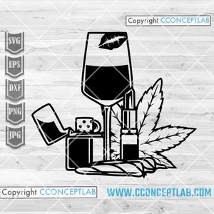 May include: Black and white illustration of a wine glass, a lighter, a vape pen, a marijuana leaf, and a joint. The wine glass has a red lip print on the rim.