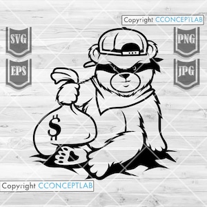 May include: Black and white illustration of a bear wearing a baseball cap and a mask, holding a bag of money. The bear is sitting on the ground.