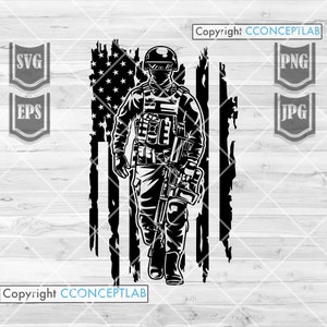 May include: Black and white illustration of a soldier in military gear walking in front of a distressed American flag.