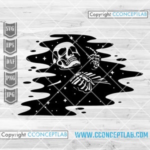 May include: Black and white illustration of a skull and skeleton submerged in a black, starry void. The skull has a large, open mouth and a prominent nose. The skeleton's ribs are visible, and its arms are outstretched. The background is filled with small, white stars.