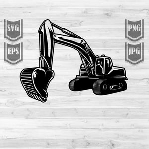 May include: Black and white illustration of an excavator with a large bucket. The excavator is on a track and has a long arm.