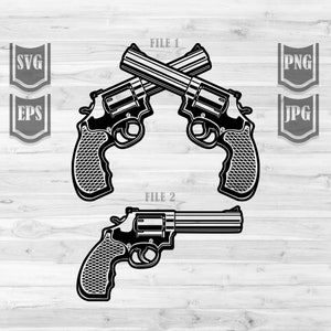 May include: Two black revolvers crossed over each other, with the barrels pointing in opposite directions. Below, a single black revolver is shown pointing to the right. The text "FILE 1" and "FILE 2" are above the images.