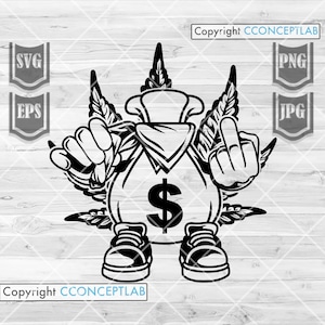 Money Bag Pop Culture Middle Finger Smoking Weed svg / High Rasta Hispter Clipart / Dope 420 Gangster Cut File / Cannabis Penny Stencil DXF