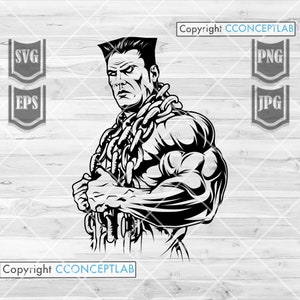 May include: Black and white illustration of a muscular figure with a determined expression, wearing a chain around their neck and shoulders. The figure is standing with their arms crossed, showcasing their powerful physique.
