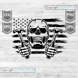 May include: Black and white illustration of a skull holding two hammers in front of a distressed American flag.
