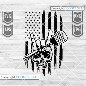 US Rock Sign Skull Chef Grill svg / Grillers Clipart / Rockstar Cook Cutfile / Rocker Sue-Chef Stencil / Cooking Dad dxf / Chef Shirt png