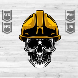 May include: A black and white skull wearing a yellow construction worker's hard hat.