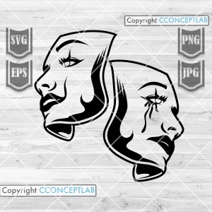 May include: Black and white illustration of two stylized faces, one smiling and one crying. The faces are side by side and appear to be wearing masks.