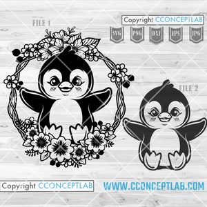 Lindo pingüino svg / Clipart de animales florales / Archivo de corte de pingüino bebé / Corona de flores Safari Life dxf / Plantilla de criatura marina del Polo Norte más linda jpg