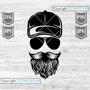 May include: Black and white silhouette of a person wearing a baseball cap, sunglasses, and a thick beard. The image is on a woodgrain background.