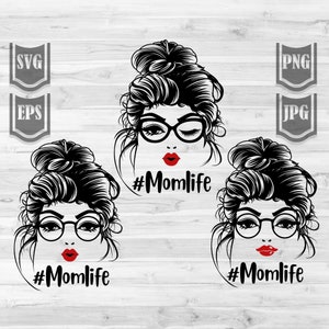 Bundle 3 Bunhair Momlife Svg File Woman Bun hairstyle with glasses Messy Bun Hair Momlife svg Bun Hair Mom Svg Cut Files image 1