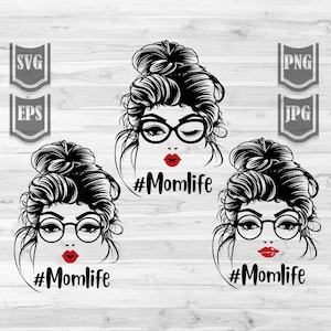 Bundle 3 Bunhair Momlife || Svg File || Woman Bun hairstyle with glasses || Messy Bun Hair || Momlife svg || Bun Hair Mom Svg ||  Cut Files