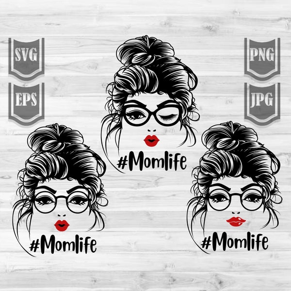 Bundle 3 Bunhair Momlife // Archivo Svg // Peinado Woman Bun con gafas // Messy Bun Hair // Momlife svg // Bun Hair Mom Svg // Cortar Archivos