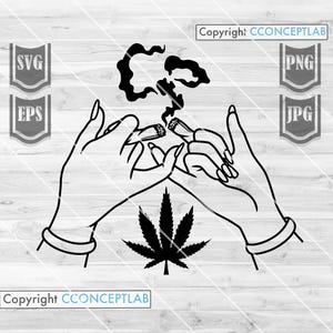 Könnte beinhalten: Schwarz-Weiß-Linienzeichnung mit zwei Händen, die brennende Zigaretten halten, mit aufsteigendem Rauch. Unter den Händen befindet sich ein Cannabisblatt. Das Bild enthält den Text "Copyright CCONCEPTLAB" und Dateityp-Symbole.