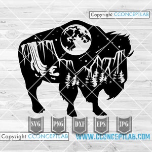 Buffalo Scene Wilderness svg | Clipart occidental | Fichier Bull Cut | Chemise Wild Life png | Pochoir extérieur | Camp Life dxf | Aventure en camping