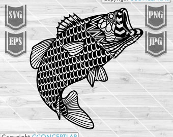 Bass svg / Mandala Fish svg / Bass Fishing Clipart / BassFish dxf / Angler Shirt png / Angling Dad / Boho Geometric Shirt png / Fresh Water