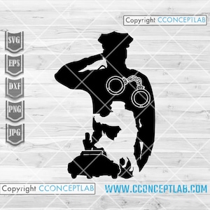 Könnte beinhalten: Schwarze Silhouette eines Polizisten, der salutiert, mit Handschellen und einem Polizeiauto im Hintergrund.