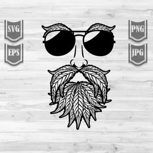 Peut inclure: Illustration en noir et blanc d'un visage avec des lunettes de soleil et une barbe en feuilles de marijuana.