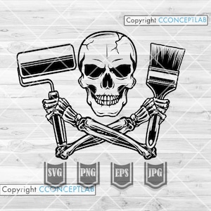 Painter Skull svg | Painting Tools Clipart | Paint Brush Cutfile | Wall Roller Stencil | Artist Dad Gift Idea | House Painting Shirt png jpg