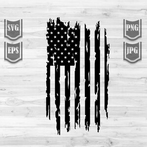 May include: A distressed black and white American flag design. The flag is tattered and worn, with a faded look.