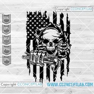 US Flag Tear Off Plumber Skull svg | Plumbing Tools Clipart | Repairman Shirt png | Repair Wrench Cutfile| Pipe Fitter Dad Gift Idea Stencil