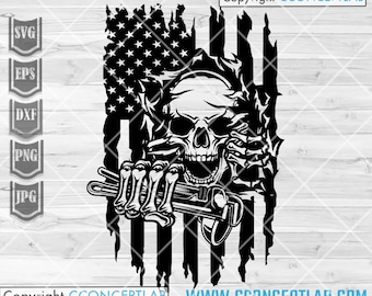 US Flag Tear Off Plumber Skull svg | Plumbing Tools Clipart | Repairman Shirt png | Repair Wrench Cutfile| Pipe Fitter Dad Gift Idea Stencil