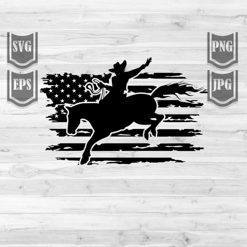 May include: Silhouette of a cowboy riding a bucking horse in front of a distressed American flag. The flag is black and white with a grunge effect.
