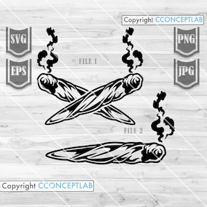 May include: Two black and white illustrations of a burning joint. The first illustration shows two joints crossed over each other. The second illustration shows a single joint with smoke rising from it. The text "FILE 1" and "FILE 2" are included in the image.