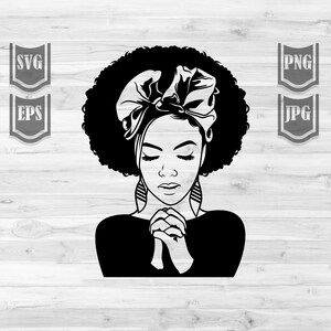 May include: Black and white silhouette of a woman with an afro hairstyle wearing a headscarf and praying with her hands clasped together.