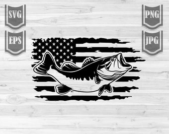 Bass Fishing USA svg / Fisherman Dad Clipart / Fresh Water Animal Cut File / Lake Angling Stencil / Angler Shirt png / Camiseta Camping Life
