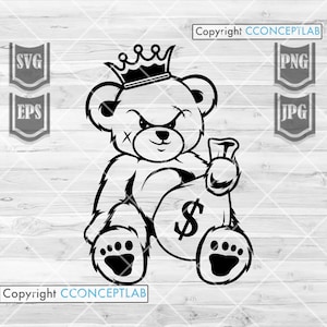 Teddy Gangster Kind con Money Bag svg / Hipster Grizzly Clipart / Bad Mafia Goons Cut File / Simbolo del dollaro USA Cutfile / Maglietta Rick Cool Kids