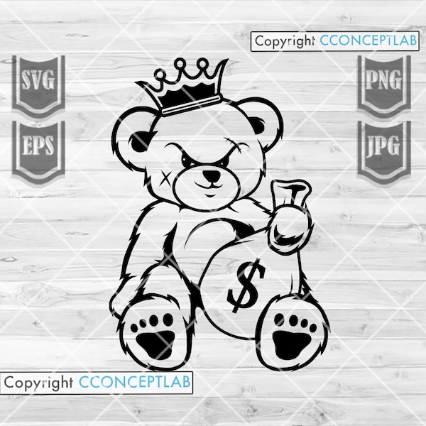 Teddy Gangster Kind with Money Bag svg / Hipster Grizzly Clipart / Bad Mafia Goons Cut File / US Dollar Sign Cutfile / Rick Cool Kids Shirt