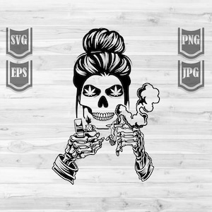 Könnte beinhalten: Schwarz-weiß-Illustration eines Schädels mit einem Dutt im Haar, der einen Feuerzeug und einen Joint hält. Aus dem Joint steigt Rauch auf.