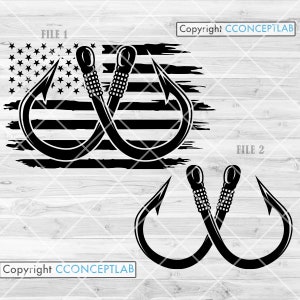 May include: Two black fishing hooks are crossed over each other. The hooks are on a distressed American flag background. The text "FILE 1" is at the top of the image. The text "Copyright CCONCEPTLAB" is at the top right of the image. The text "Copyright CCONCEPTLAB" is at the bottom left of the image. The text "FILE 2" is at the top right of the image.