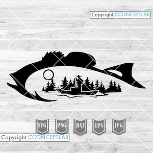 Lake Bass Fishing Scene svg | BassFish Clipart | Fresh Water Fish Cut File | Angler Dad Shirt png | Angling Stencil | Camp Outdoor Scene dxf