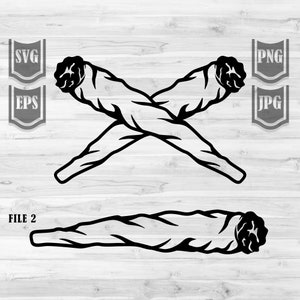 May include: Two black and white line art illustrations of a rolled up joint. The first illustration shows two joints crossed over each other. The second illustration shows a single joint.