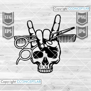 Signe de roche Skull Hair Hustler svg | Clipart coupe-cheveux | Rockstar Barber Dad Chemise png | Pochoir de barbier | Peigne et ciseaux dxf | Rockers