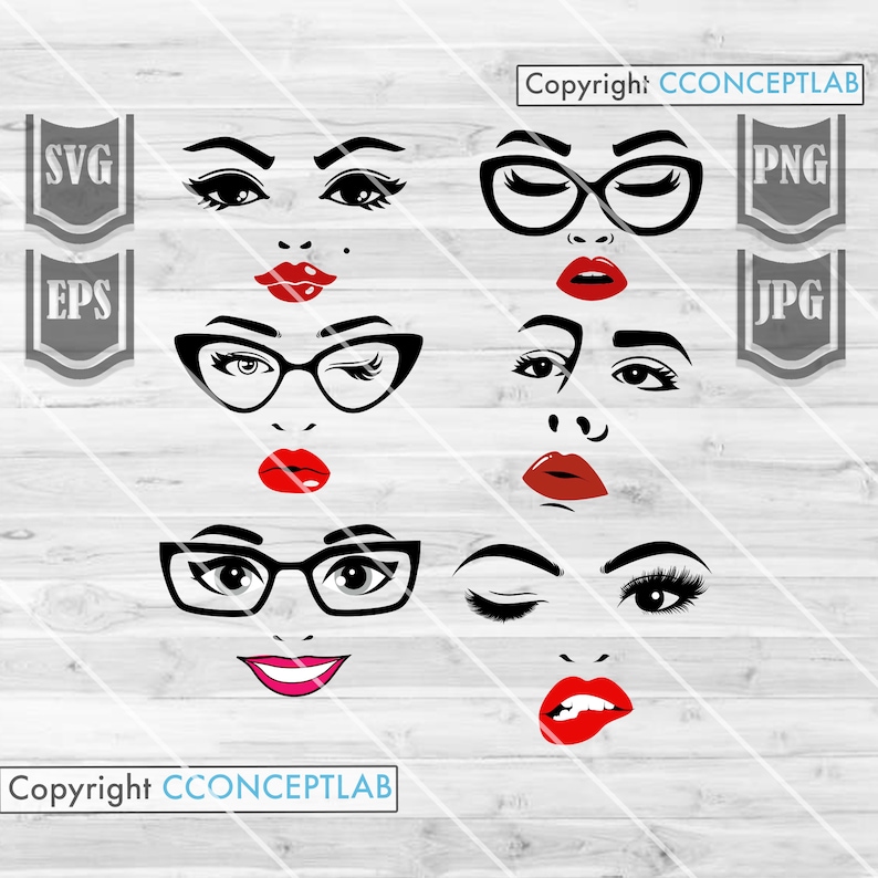 Download 6 Sexy Woman Faces Svg Files Girl in Glasses Winking | Etsy