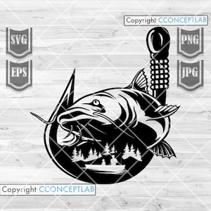 Pu&ograve; includere: Silhouette in bianco e nero di un pesce gatto agganciato a un amo da pesca. Il pesce gatto &egrave; rivolto verso lo spettatore con la bocca aperta. L'amo ha la forma di un cerchio con una scena di foresta al suo interno. Il testo "Copyright CCONCEPTLAB" &egrave; nella parte inferiore dell'immagine.