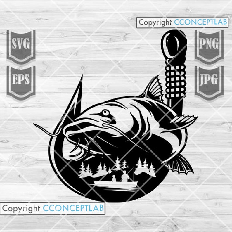 Pu&ograve; includere: Silhouette in bianco e nero di un pesce gatto agganciato a un amo da pesca. Il pesce gatto &egrave; rivolto verso lo spettatore con la bocca aperta. L'amo ha la forma di un cerchio con una scena di foresta al suo interno. Il testo "Copyright CCONCEPTLAB" &egrave; nella parte inferiore dell'immagine.